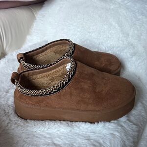 Mudd Tan Suede Slip-On Shoes with Patterned Trim